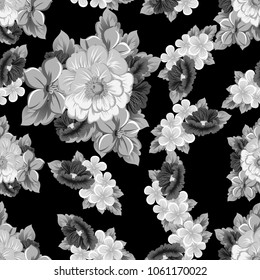 abstract monochrome seamless pattern of flowers on black background. For your fabric, garment design. Invitations and greeting cards for birthday, Valentine's day, wedding, party. Vector illustration.