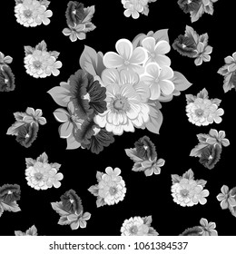 abstract monochrome seamless pattern of flowers on black background. For your fabric, garment design. Invitations and greeting cards for birthday, Valentine's day, wedding, party. Vector illustration.