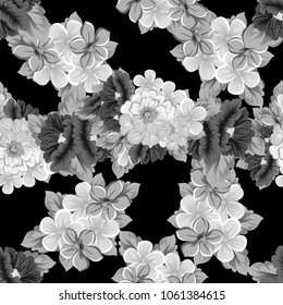 abstract monochrome seamless pattern of flowers on black background. For your fabric, garment design. Invitations and greeting cards for birthday, Valentine's day, wedding, party. Vector illustration.