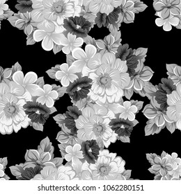 abstract monochrome seamless pattern of flowers on black background. For your fabric, garment design. Invitations and greeting cards for birthday, Valentine's day, wedding, party. Vector illustration.