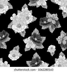 abstract monochrome seamless pattern of flowers on black background. For your fabric, garment design. Invitations and greeting cards for birthday, Valentine's day, wedding, party. Vector illustration.