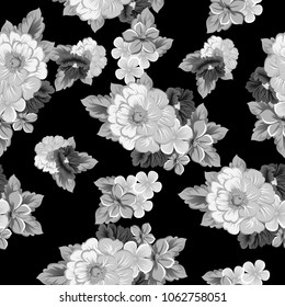 abstract monochrome seamless pattern of flowers on black background. For your fabric, garment design. Invitations and greeting cards for birthday, Valentine's day, wedding, party. Vector illustration.