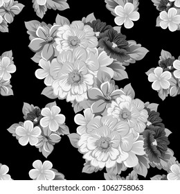 abstract monochrome seamless pattern of flowers on black background. For your fabric, garment design. Invitations and greeting cards for birthday, Valentine's day, wedding, party. Vector illustration.