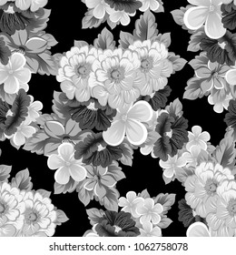 abstract monochrome seamless pattern of flowers on black background. For your fabric, garment design. Invitations and greeting cards for birthday, Valentine's day, wedding, party. Vector illustration.