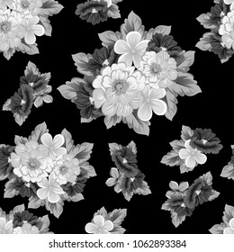 abstract monochrome seamless pattern of flowers on black background. For your fabric, garment design. Invitations and greeting cards for birthday, Valentine's day, wedding, party. Vector illustration.