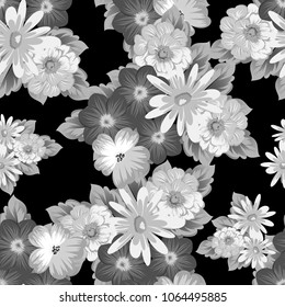 abstract monochrome seamless pattern of flowers on black background. For fabric design, printed materials and much more for wedding, birthday, celebration. Vector illustration.