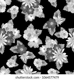 abstract monochrome seamless pattern of flowers on black background. For fabric design, printed materials and much more for wedding, birthday, celebration. Vector illustration.