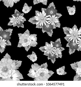 abstract monochrome seamless pattern of flowers on black background. For fabric design, printed materials and much more for wedding, birthday, celebration. Vector illustration.