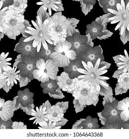 abstract monochrome seamless pattern of flowers on black background. For fabric design, printed materials and much more for wedding, birthday, celebration. Vector illustration.
