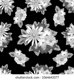 abstract monochrome seamless pattern of flowers on black background. For fabric design, printed materials and much more for wedding, birthday, celebration. Vector illustration.