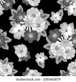 abstract monochrome seamless pattern of flowers on black background. For fabric design, printed materials and much more for wedding, birthday, celebration. Vector illustration.