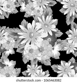 abstract monochrome seamless pattern of flowers on black background. For fabric design, printed materials and much more for wedding, birthday, celebration. Vector illustration.