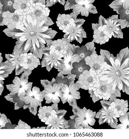 abstract monochrome seamless pattern of flowers on black background. For fabric design, printed materials and much more for wedding, birthday, celebration. Vector illustration.