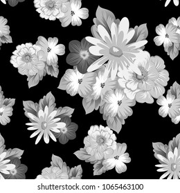 abstract monochrome seamless pattern of flowers on black background. For fabric design, printed materials and much more for wedding, birthday, celebration. Vector illustration.