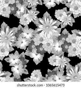abstract monochrome seamless pattern of flowers on black background. For fabric design, printed materials and much more for wedding, birthday, celebration. Vector illustration.