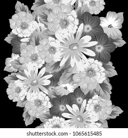 abstract monochrome seamless pattern of flowers on black background. For fabric design, printed materials and much more for wedding, birthday, celebration. Vector illustration.