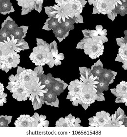 abstract monochrome seamless pattern of flowers on black background. For fabric design, printed materials and much more for wedding, birthday, celebration. Vector illustration.