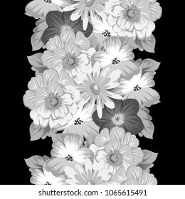 abstract monochrome seamless pattern of flowers on black background. For fabric design, printed materials and much more for wedding, birthday, celebration. Vector illustration.