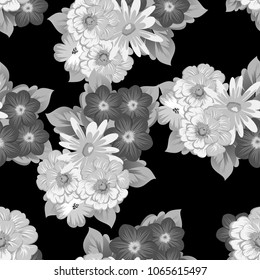 abstract monochrome seamless pattern of flowers on black background. For fabric design, printed materials and much more for wedding, birthday, celebration. Vector illustration.