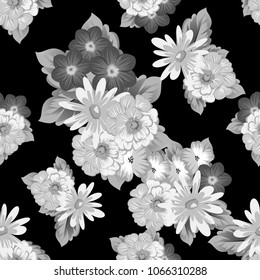 abstract monochrome seamless pattern of flowers on black background. For fabric design, printed materials and much more for wedding, birthday, celebration. Vector illustration.