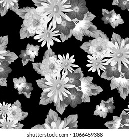 abstract monochrome seamless pattern of flowers on black background. For fabric design, printed materials and much more for wedding, birthday, celebration. Vector illustration.