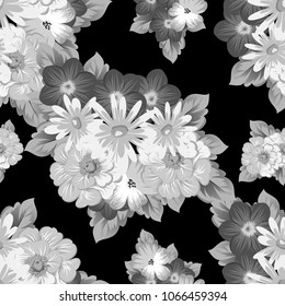 abstract monochrome seamless pattern of flowers on black background. For fabric design, printed materials and much more for wedding, birthday, celebration. Vector illustration.