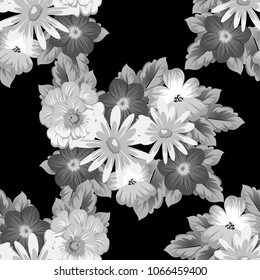 abstract monochrome seamless pattern of flowers on black background. For fabric design, printed materials and much more for wedding, birthday, celebration. Vector illustration.