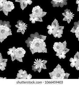 abstract monochrome seamless pattern of flowers on black background. For fabric design, printed materials and much more for wedding, birthday, celebration. Vector illustration.
