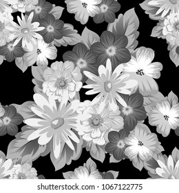 abstract monochrome seamless pattern of flowers on black background. For fabric design, printed materials and much more for wedding, birthday, celebration. Vector illustration.
