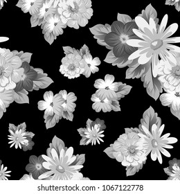 abstract monochrome seamless pattern of flowers on black background. For fabric design, printed materials and much more for wedding, birthday, celebration. Vector illustration.