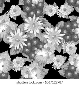 abstract monochrome seamless pattern of flowers on black background. For fabric design, printed materials and much more for wedding, birthday, celebration. Vector illustration.