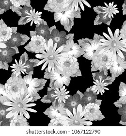 abstract monochrome seamless pattern of flowers on black background. For fabric design, printed materials and much more for wedding, birthday, celebration. Vector illustration.