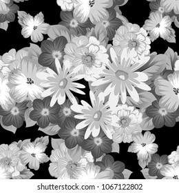 abstract monochrome seamless pattern of flowers on black background. For fabric design, printed materials and much more for wedding, birthday, celebration. Vector illustration.