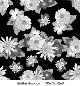abstract monochrome seamless pattern of flowers on black background. For fabric design, printed materials and much more for wedding, birthday, celebration. Vector illustration.