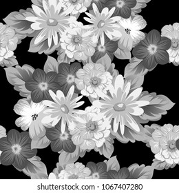 abstract monochrome seamless pattern of flowers on black background. For fabric design, printed materials and much more for wedding, birthday, celebration. Vector illustration.