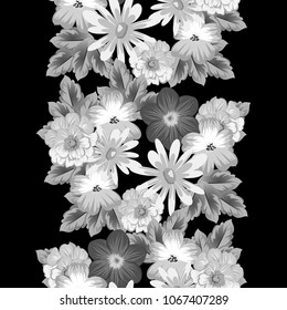 abstract monochrome seamless pattern of flowers on black background. For fabric design, printed materials and much more for wedding, birthday, celebration. Vector illustration.
