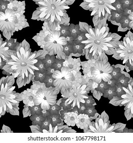 abstract monochrome seamless pattern of flowers on black background. For fabric design, printed materials and much more for wedding, birthday, celebration. Vector illustration.
