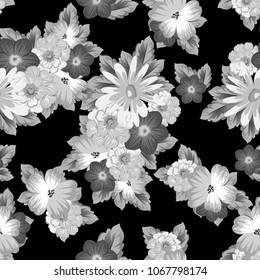abstract monochrome seamless pattern of flowers on black background. For fabric design, printed materials and much more for wedding, birthday, celebration. Vector illustration.
