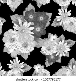 abstract monochrome seamless pattern of flowers on black background. For fabric design, printed materials and much more for wedding, birthday, celebration. Vector illustration.