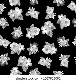 abstract monochrome seamless pattern of flowers on black background. For fabric design, printed materials and much more for wedding, birthday, celebration. Vector illustration.