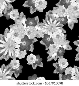 abstract monochrome seamless pattern of flowers on black background. For fabric design, printed materials and much more for wedding, birthday, celebration. Vector illustration.