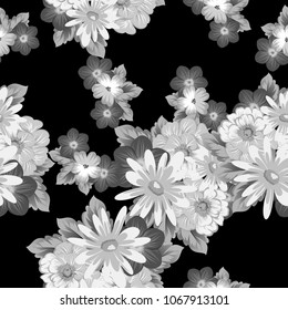 abstract monochrome seamless pattern of flowers on black background. For fabric design, printed materials and much more for wedding, birthday, celebration. Vector illustration.
