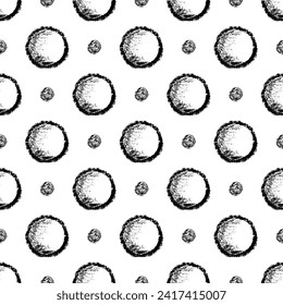 Abstract Monochrome Seamless Pattern of Hand-Drawn Black Polka Dots on White Backdrop. Style of Children's Drawing. Continuous Background with Simple Shapes for for Universal Application.