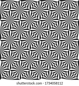 Abstract monochrome seamless pattern. Optical illusion. Black and white rays. Vector illustration.