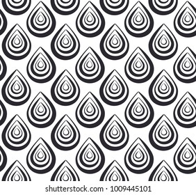 Abstract monochrome seamless pattern with peacock feathers. Black and white elegant texture with psychedelic swirl elements, optical illusion for textile, wrapping paper, package, surface