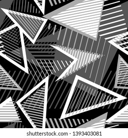 Abstract monochrome seamless pattern. Sport style texture with chaotic shapes, triangles, arrows, lines, stripes. Urban art vector background. Repeatable design for tileable print, decor, wallpapers