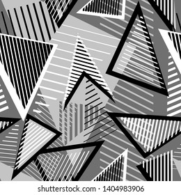 Abstract monochrome seamless pattern. Sport style texture with chaotic shapes, triangles, arrows, lines, stripes. Urban art vector background. Black, white, gray colors. Repeat design for print, decor
