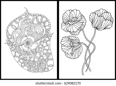 abstract monochrome sketch floral pattern. surface texture. Elegant pattern with hand drawn decorative flowers,design elements. Adult coloring book page