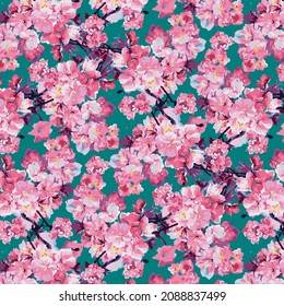abstract monochrome small pink flowers with Tosca background all over design illustration vector digital image for textile design, paper, and wallpaper
