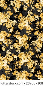 abstract monochrome solid rose flower arrangement with yellow and dark color background, all-over vector design  illustration digital image for textile or wrapping paper printing factory